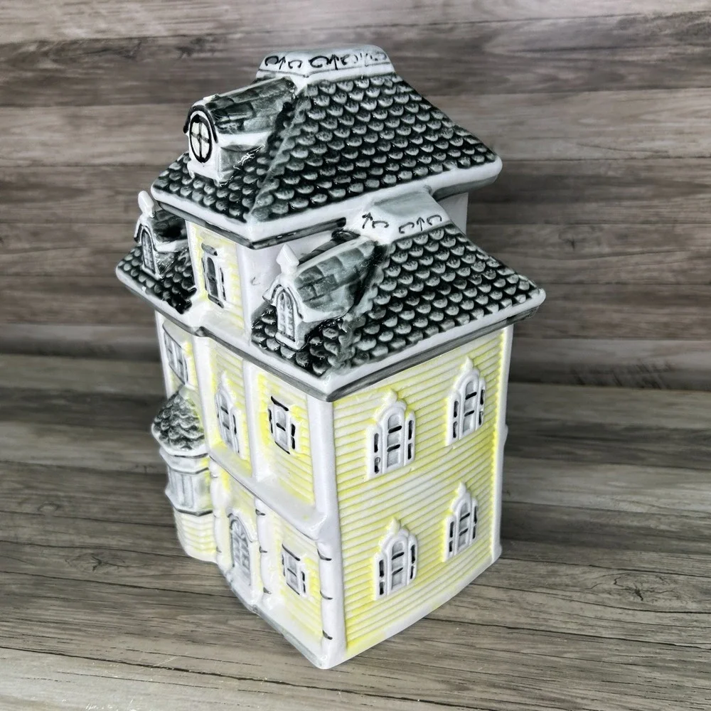 Vintage‎ Victorian House Cookie Jar Yellow Gray Roof Ceramic